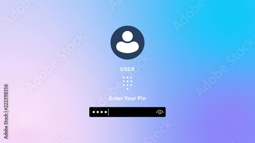 Windows-style PIN login interface animation, Modern PIN Login Interface Animation with User Avatar, Secure login interface with glowing padlock as credentials are entered and identity is confirmed.