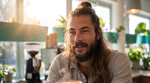 Portrait of smiling coffee shop owner with arms crossed behind counter. Small business owner concept
