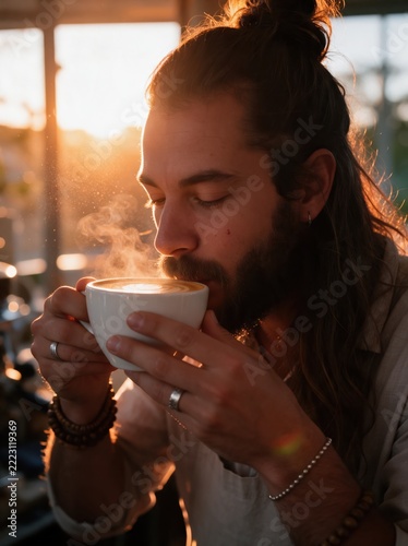 Barista bringing espresso to customer in coffee shop, backlit by warm golden sunlight, view over customer's shoulder