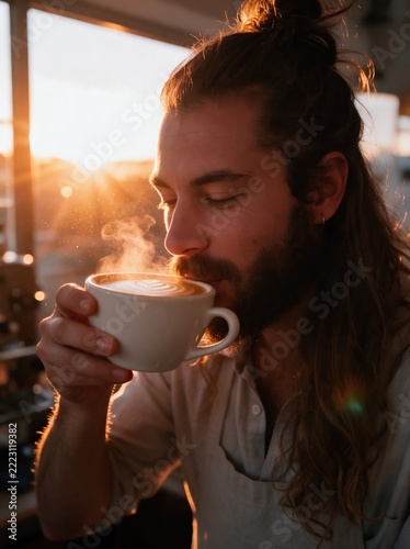 Barista bringing espresso to customer in coffee shop, backlit by warm golden sunlight, view over customer's shoulder