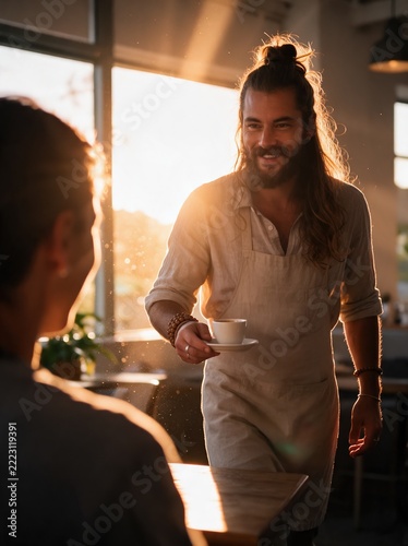 Barista bringing espresso to customer in coffee shop, backlit by warm golden sunlight, view over customer's shoulder