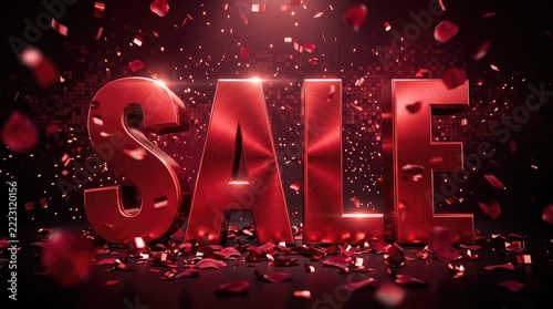 Red metallic sale text surrounded by falling rose petals and glowing sparkles on a dark background