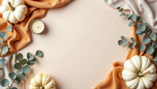 Minimalist flat lay of natural autumn elements: white pumpkins, dried eucalyptus leaves, linen fabric