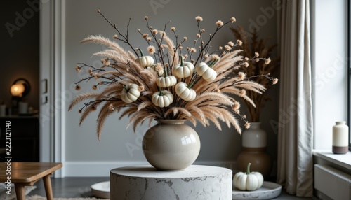 Elegant floral arrangement for Halloween, dried black branches, pampas grass