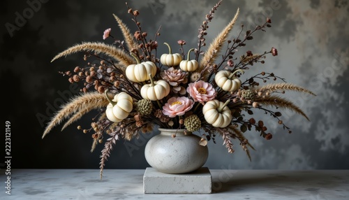 Elegant floral arrangement for Halloween, dried black branches, pampas grass