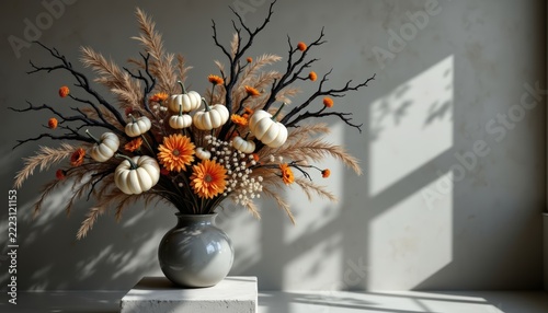Elegant floral arrangement for Halloween, dried black branches, pampas grass
