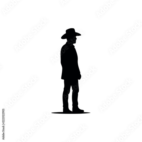 Person wearing wide brimmed hat silhouette vector flat design on white background.

