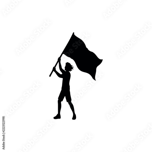 Person holding waving flag silhouette vector flat design on white background.
