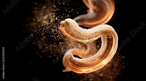 Translucent stomach and intestinal forms glowing amber against a black background