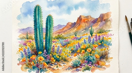 Watercolor Desert Landscape with Saguaro Cacti and Vibrant Wildflowers