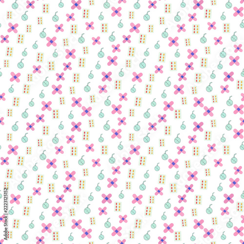 Seamless pattern of medical icons: bandages, pills, and germs