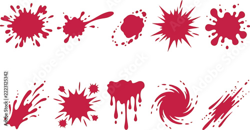 Set of vibrant red ink splashes and paint splatters collection isolated on white background for creative design and graphic elements