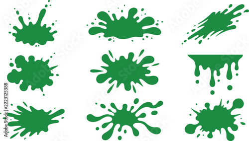 Set of green paint splashes and liquid slime drips isolated on white background for creative design and graphic elements