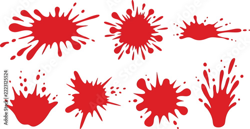 Set of isolated red ink or paint splashes and liquid splatters with creative abstract shapes for graphic design and artistic projects