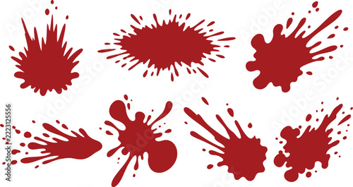 Set of isolated red paint splatter designs and liquid ink drops for creative artistic graphic background elements on white
