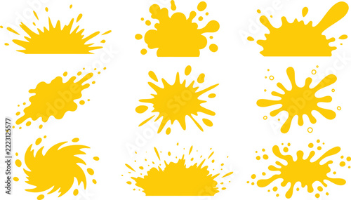 Set of abstract yellow paint splashes and liquid splatter icons isolated on white background for creative graphic design projects