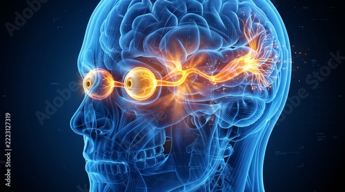 Human head profile showing eye vision nerves and brain connection in glowing blue