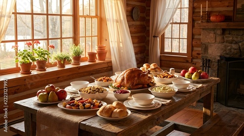 Thanksgiving dinner feast with roasted turkey and traditional side dishes on rustic wooden table. thanksgiving dinner feast on a rustic wooden table. 