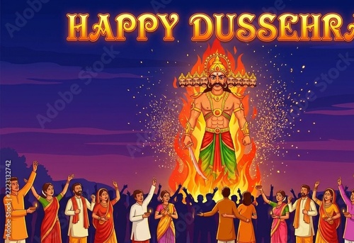 Happy Dussehra burning Ravana effigy poster