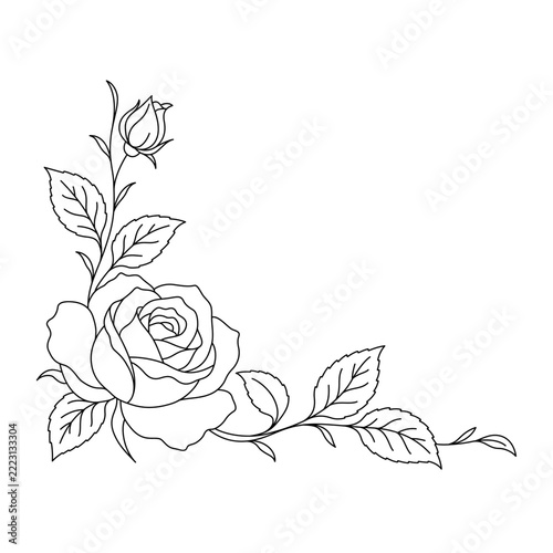 Elegant Rose Floral Corner Ornament with Bud and Leaves Black Line Art Vector