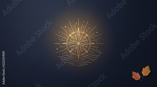 Elegant Gold Compass Icon with Celestial Radiance and Wave Motifs on a Dark Navy Blue Background
