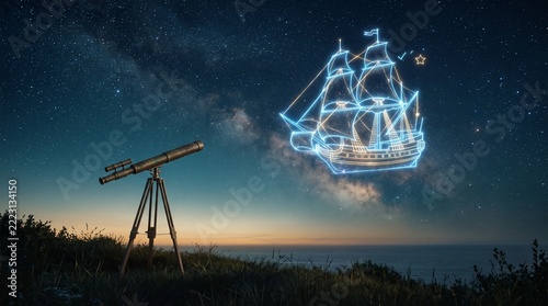 Telescope Viewing a Celestial Sailing Ship Constellation in the Starry Night Sky over the Horizon