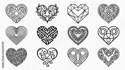 Intricate Line Art Heart Designs with Celtic and Geometric Patterns for Digital Use