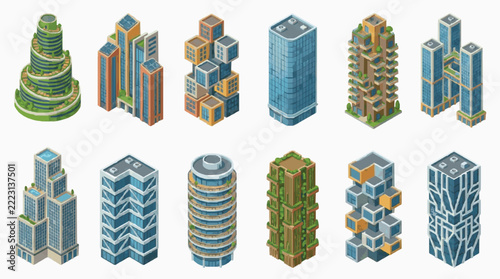 Isometric Collection of Unique Architectural Skyscraper Design Concepts for Urban Planning