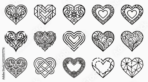 Intricate Line Art Heart Designs with Geometric and Floral Patterns for Digital Art