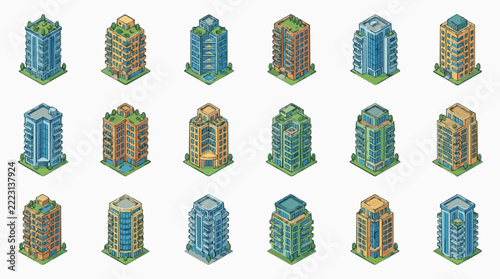 Colorful Apartment Building Icons Set for Urban Architecture Design Projects