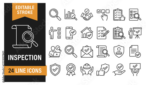 Quality inspection and business verification line icon set with document symbols.