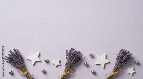 Dried lavender bouquets with white stars flat lay for summer weddings