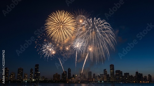 Stunning golden and white fireworks illuminating the night sky above a glowing city skyline during a festive celebration