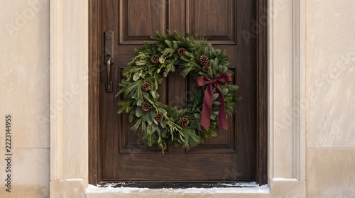 Christmas wreath hanging on a dark wooden front door during the winter season holidays