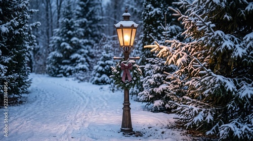 Glowing street lamp in a snowy winter forest with a winding path through snow-covered trees