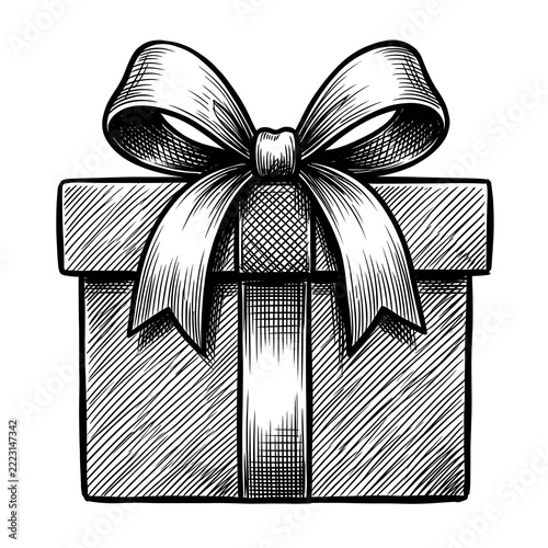 Vintage Hand-Drawn Gift Box with Ribbon Bow in Black and White Ink Hatching Style