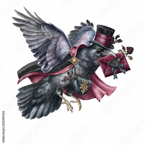Gothic Raven Messenger with Top Hat and Sealed Envelope