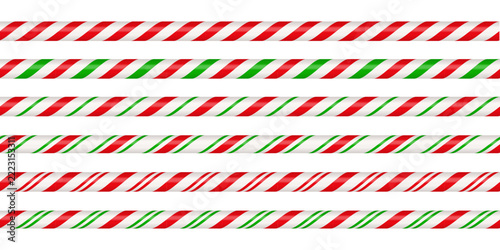 Christmas candy cane straight line border with red and green striped. Xmas seamless line with striped candy lollipop pattern. Christmas element. Vector illustration isolated on white background.