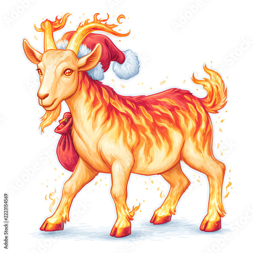 Fire Goat Christmas Illustration, 2027 Zodiac Flame Goat Santa Hat