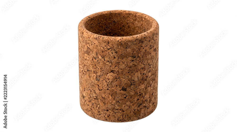 Fototapeta premium Cork pencil holder, single empty cylindrical desktop cup made from natural brown cork with rough organic texture and clean rim, photorealistic office product photography, front three-quarter view,