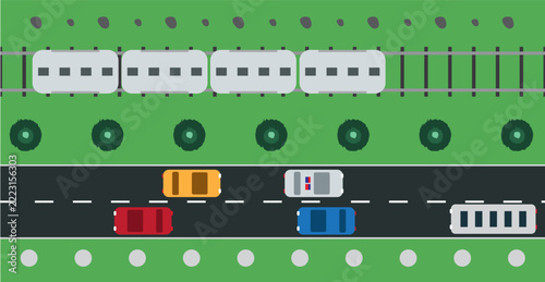Seamless Vector Pattern of Traffic with Cars, Train, and Nature Scenery