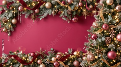 Elegant winter holiday frame background featuring a lush arrangement of green pine branches, metallic pink and gold ornaments, ribbons, pinecones, and warm glowing fairy lights against a dee