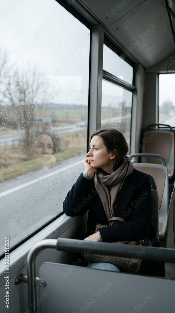 Naklejka premium A pensive young woman looks out the bus window during a trip; a passenger, lost in thought, travels on public transport—a minimalist travel concept.