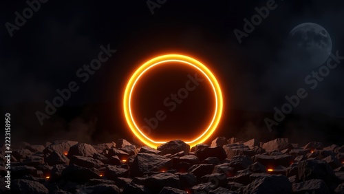 Dark landscape features glowing orange circle. Rocks surround portal, moon visible distant sky. Mysterious, ominous scene.