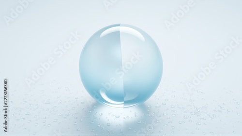 Clear sphere rests upon surface covered with tiny water droplets. Light reflects, creating soft glow. Minimalist composition.