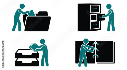 Teal and black vector graphic set of business people organizing document folders and office files
