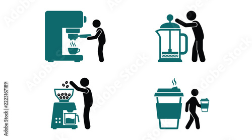 Coffee maker preparation vector graphic illustration showcasing people brewing delicious hot morning espresso drinks
