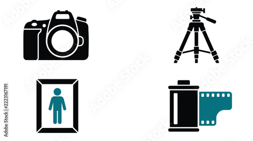 Professional photography and camera vector graphic icons set with tripod, film roll, and portrait
