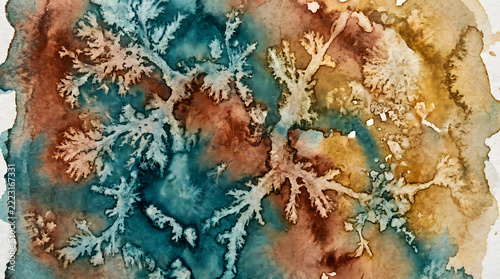 Abstract teal and brown watercolor texture with dendritic fractal branching patterns