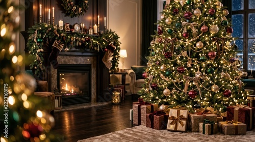 Warmly lit cozy living room interior decorated for winter holidays featuring a large glowing Christmas tree, wrapped presents, and a traditional fireplace with garland